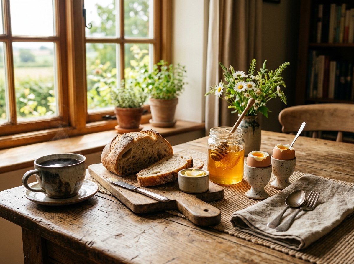 Mesa de desayuno con huevos frescos y miel de campo