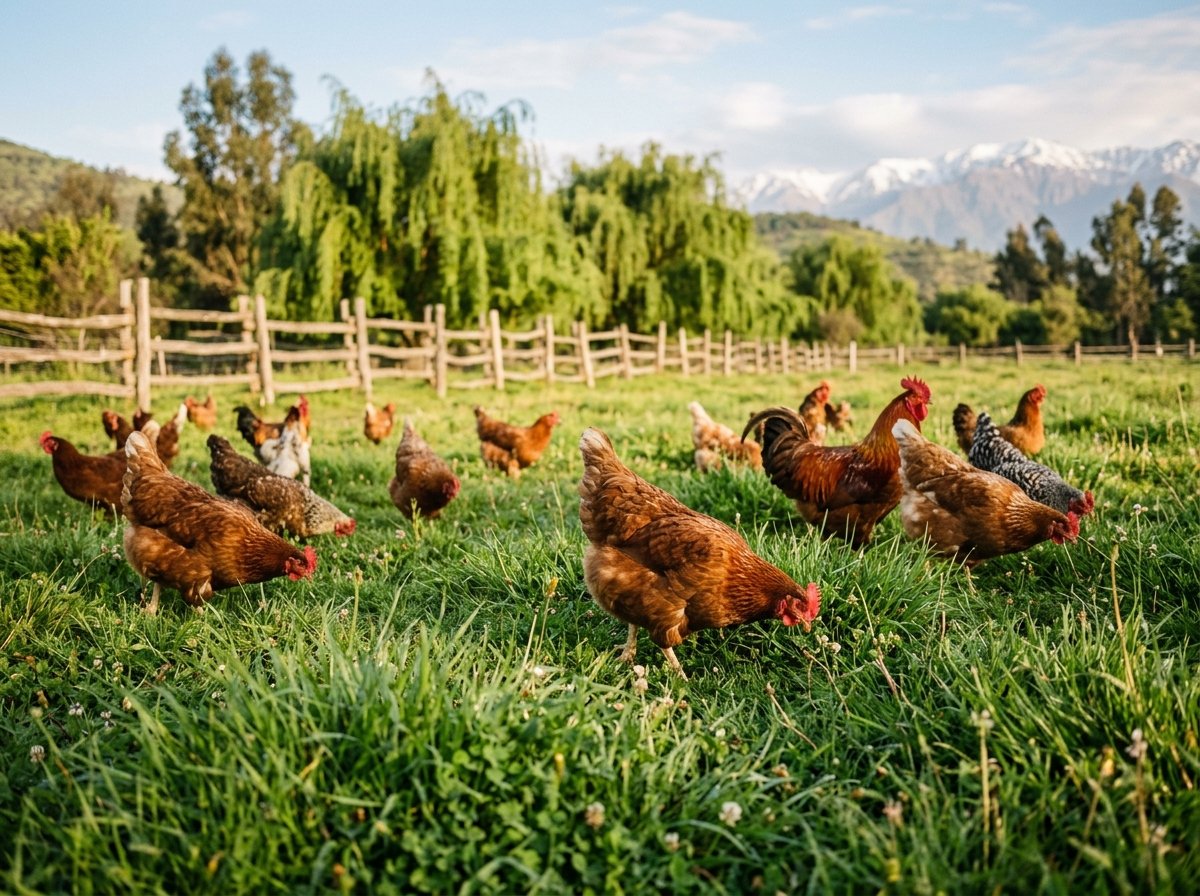 Gallinas libres de pastoreo en praderas de Alma de Campo
