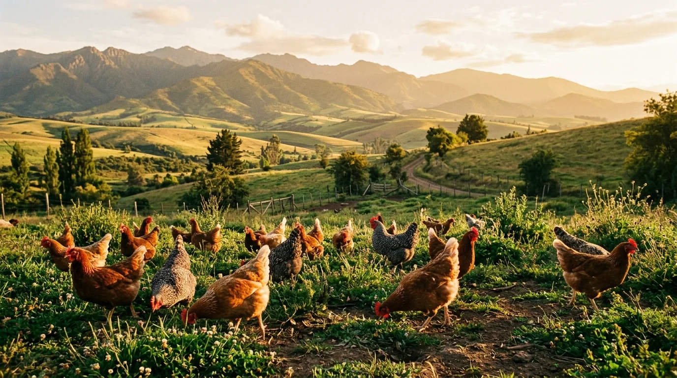 Gallinas libres de pastoreo de ComprarYa en pradera verde al atardecer