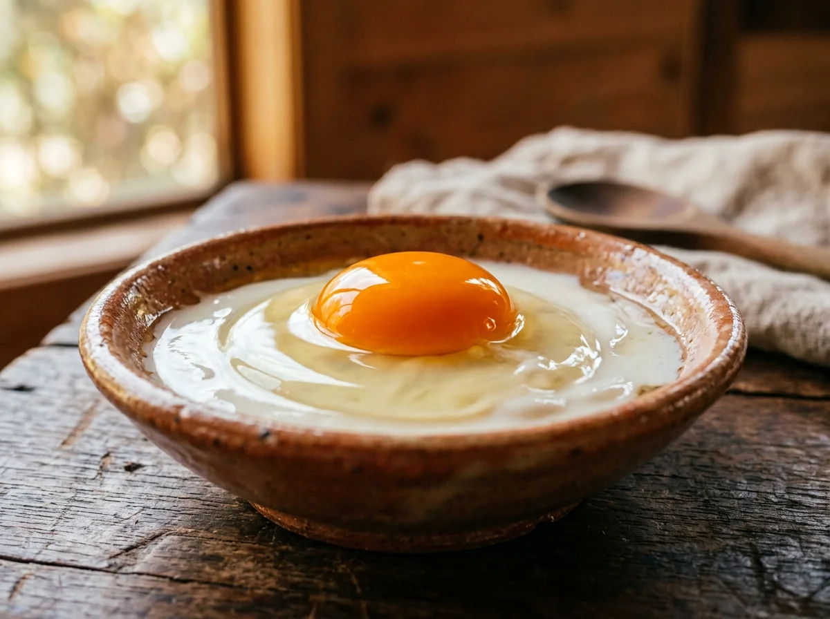 Huevo de gallinas libres con yema naranja intensa en cuenco artesanal
