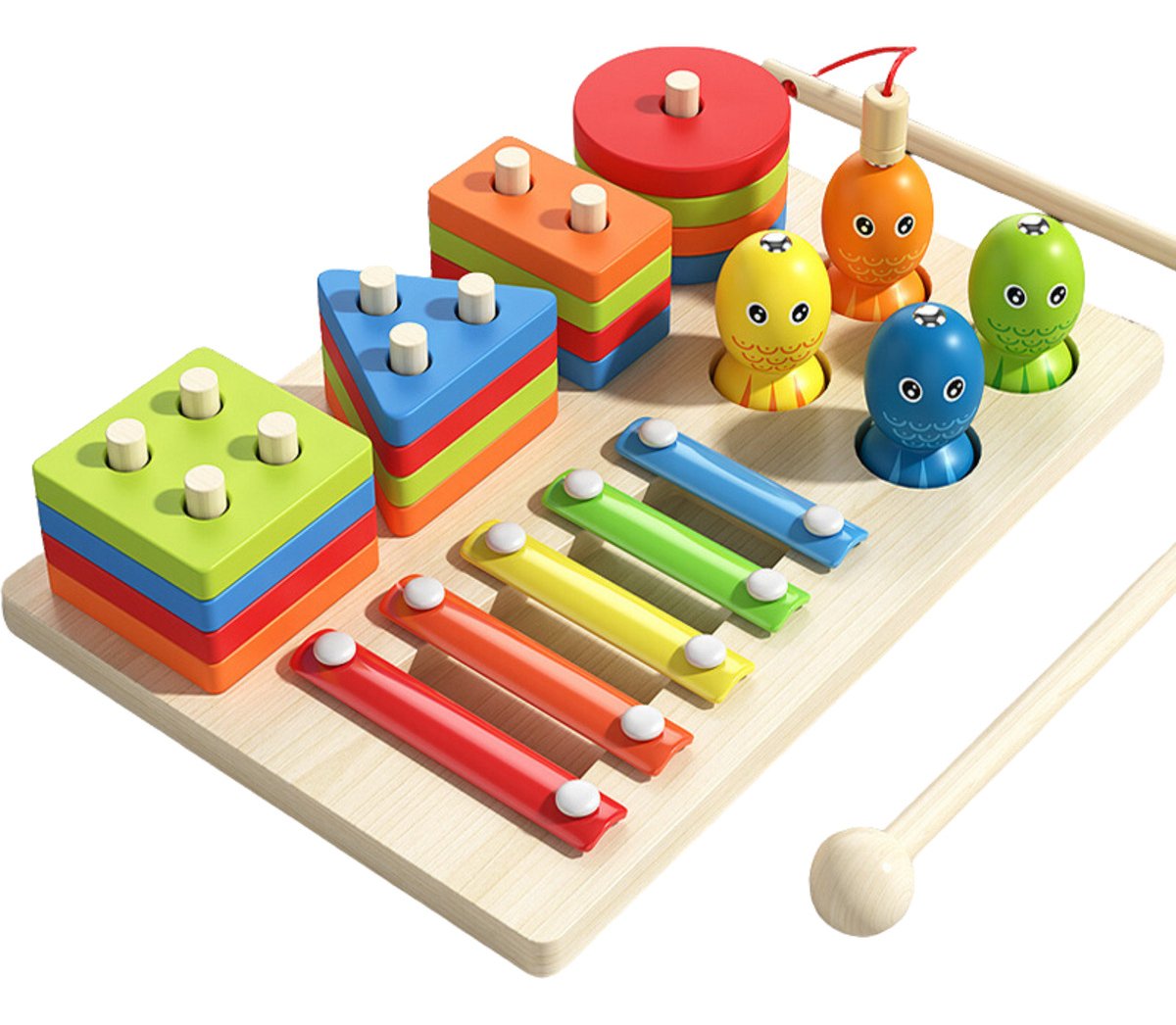 Juego 3 En 1 Xilofono - Pesca - Encaje Montessori Multicolor - Juguete Didáctico de Madera en Chile - Vista 2
