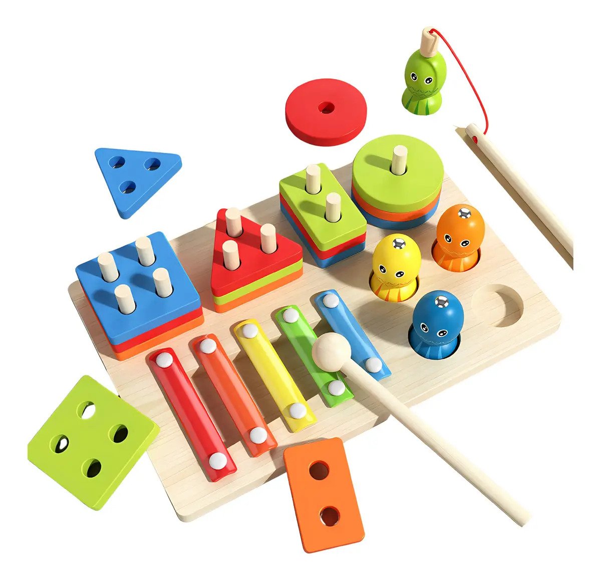 Juego 3 En 1 Xilofono - Pesca - Encaje Montessori Multicolor - Juguete Didáctico de Madera en Chile