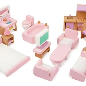 Set Muebles De Madera Para Casa Muñecas 22 Piezas Montessori Rosa Claro - Juguete Didáctico de Madera en Chile