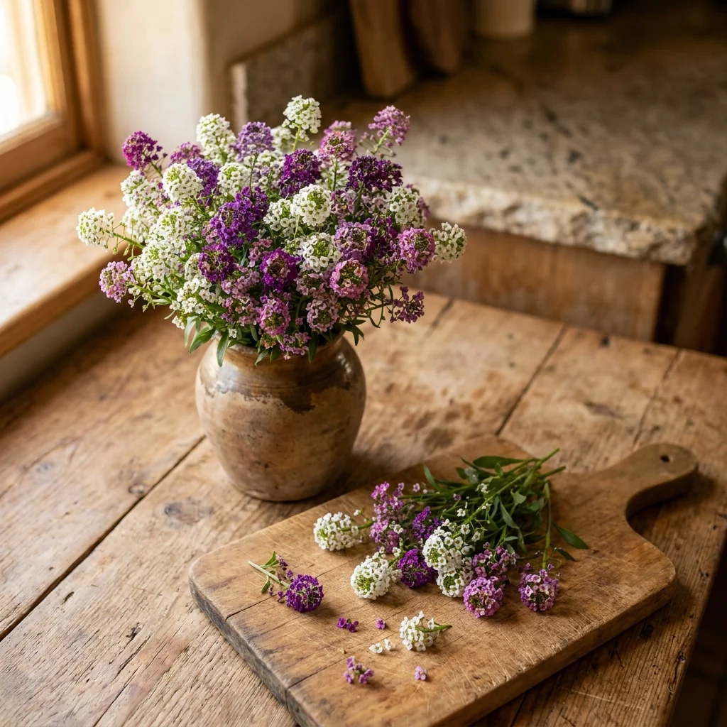Arreglo decorativo con flores frescas de Alysum Colores Variados en florero artesanal sobre mesa de madera rústica