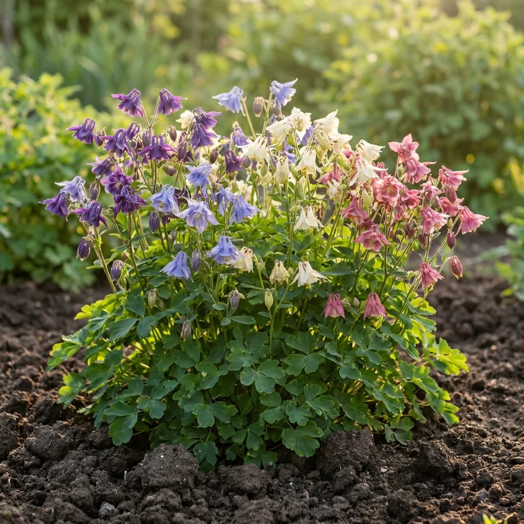 Cultivo de Aquilegia Colores Variados floreciendo con vigor en huerto vivo con tierra fértil y hojas verdes saludables