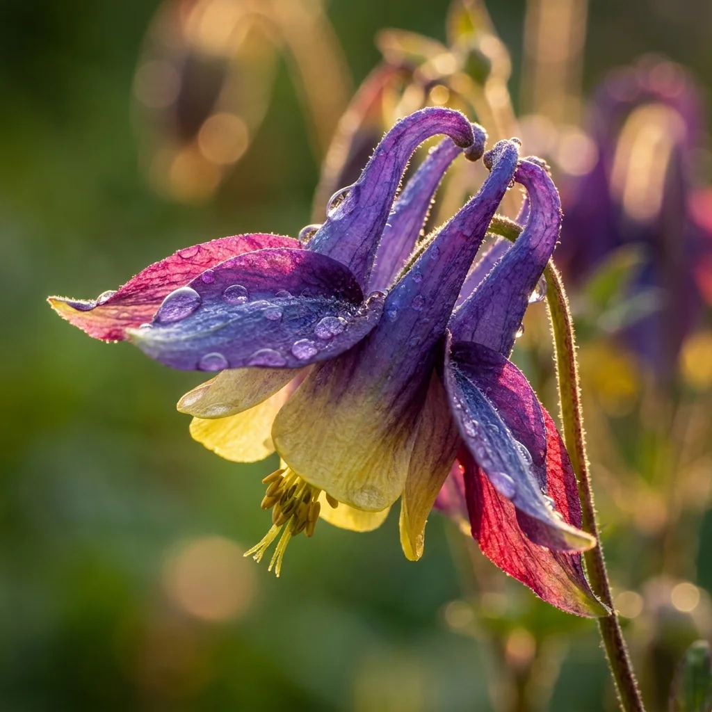 Primer plano macro de la flor de Aquilegia Colores Variados mostrando textura de pétalos y color natural en jardín soleado