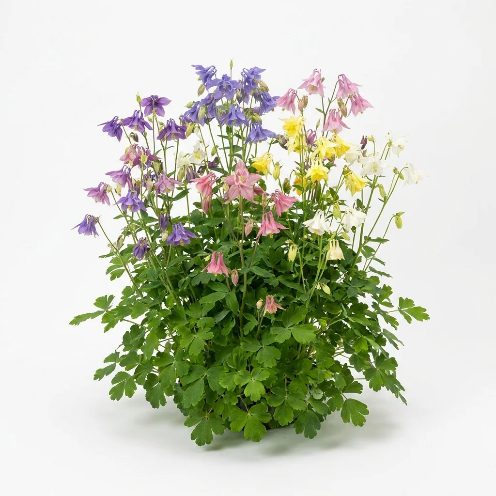 Semillas de Aquilegia Colores Variados - Planta florecida con colores vivos sobre fondo blanco puro para catálogo de semillas Cultivarte