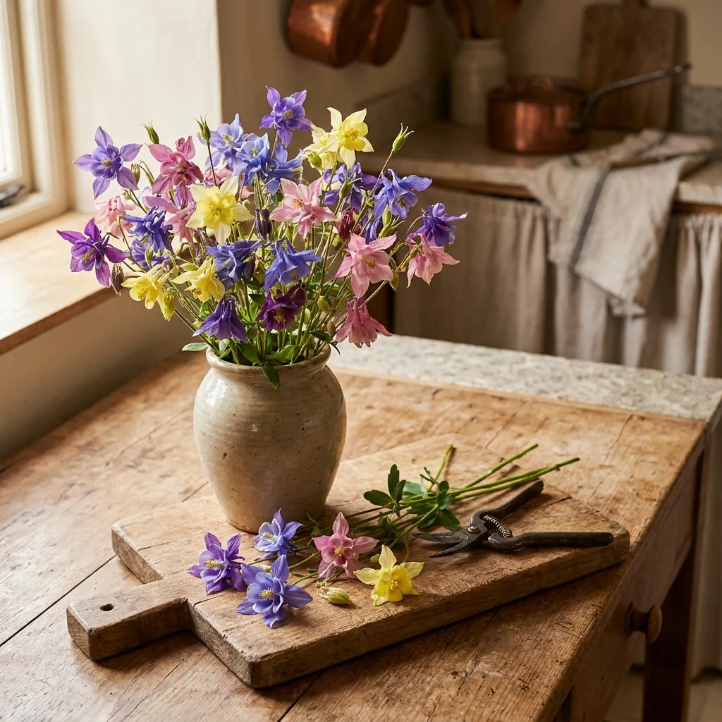 Arreglo decorativo con flores frescas de Aquilegia Colores Variados en florero artesanal sobre mesa de madera rústica
