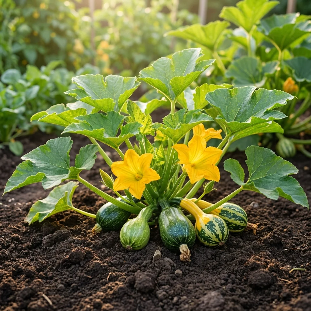 Cultivo de Calabacines Surtidos floreciendo con vigor en huerto vivo con tierra fértil y hojas verdes saludables