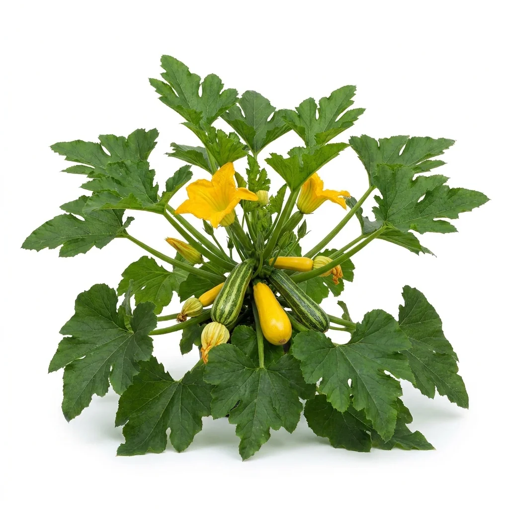 Semillas de Calabacines Surtidos - Planta florecida con colores vivos sobre fondo blanco puro para catálogo de semillas Cultivarte