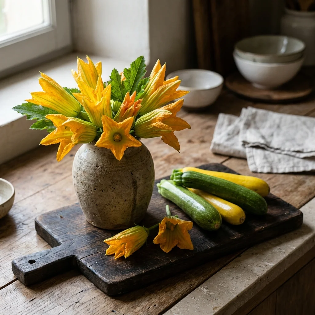 Arreglo decorativo con flores frescas de Calabacines Surtidos en florero artesanal sobre mesa de madera rústica