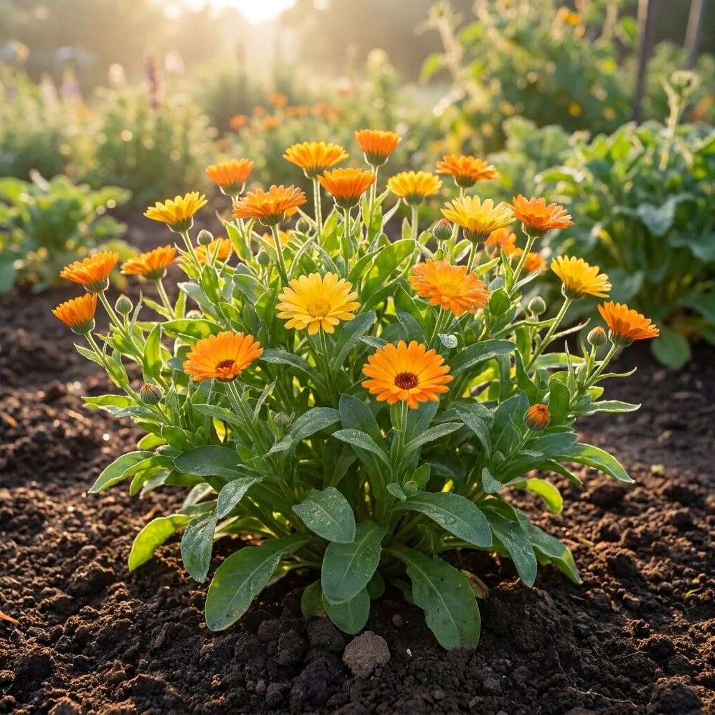 Cultivo de Calendula (Chinita) floreciendo con vigor en huerto vivo con tierra fértil y hojas verdes saludables
