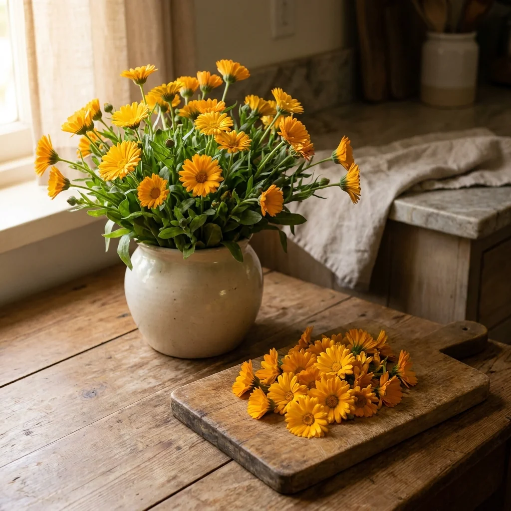 Arreglo decorativo con flores frescas de Calendula (Chinita) en florero artesanal sobre mesa de madera rústica
