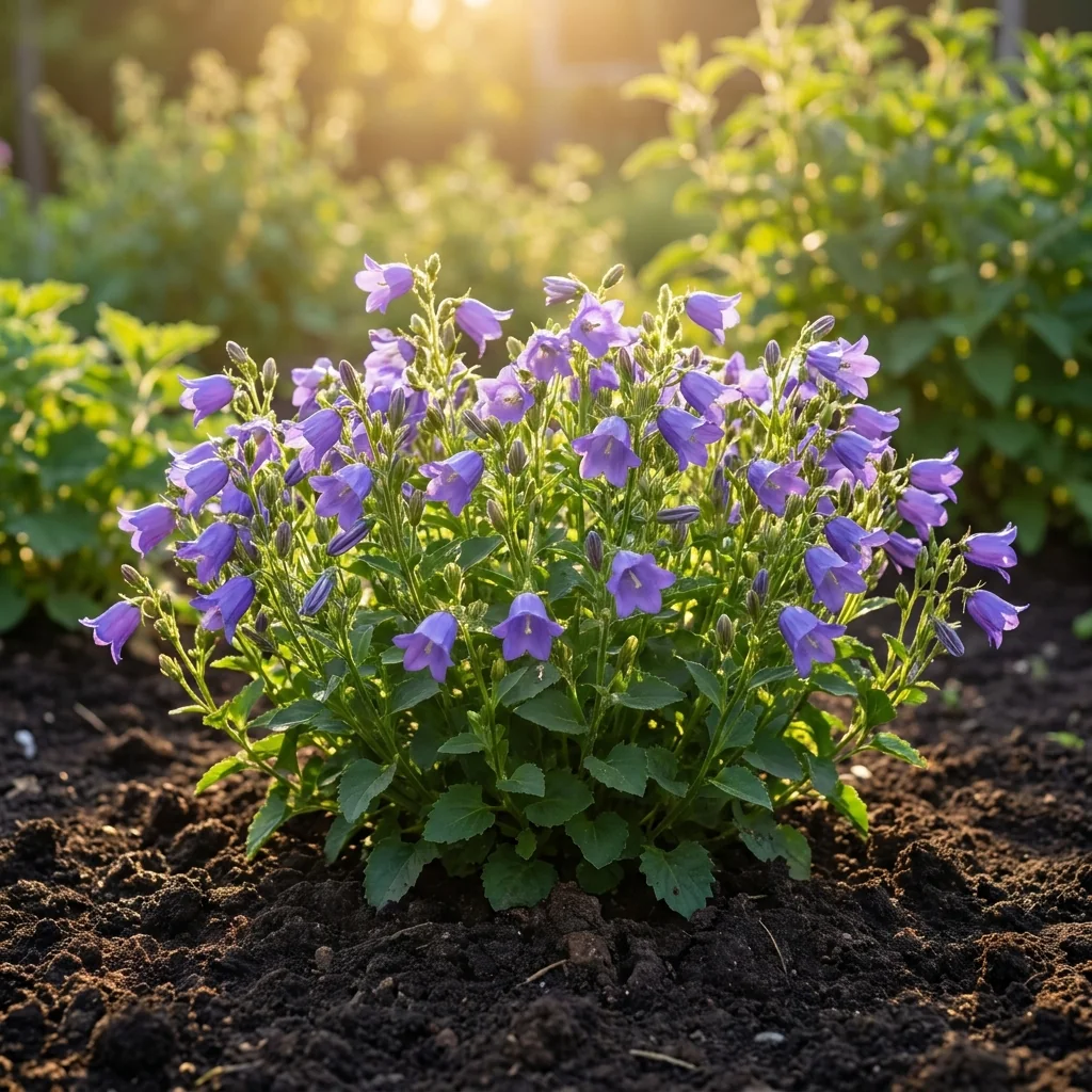 Cultivo de Campanula (Farolito) floreciendo con vigor en huerto vivo con tierra fértil y hojas verdes saludables