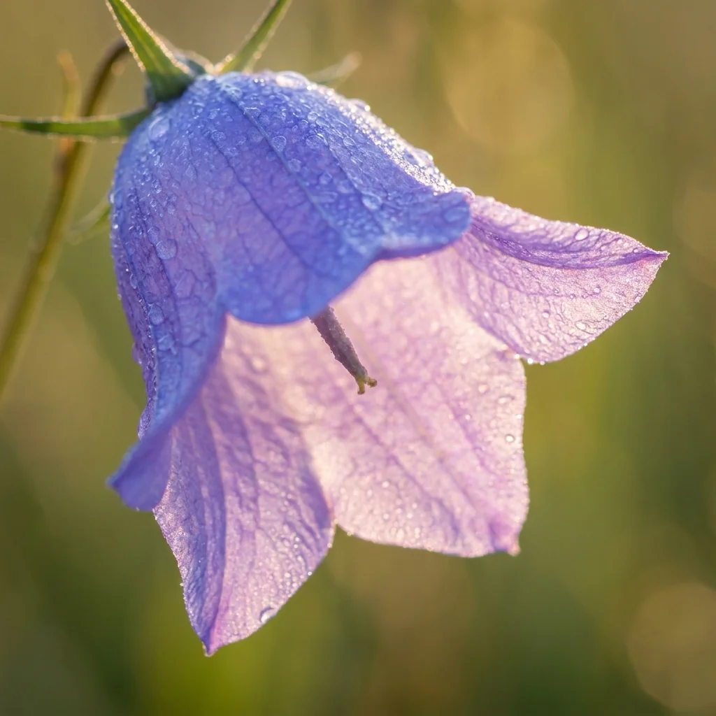 Primer plano macro de la flor de Campanula (Farolito) mostrando textura de pétalos y color natural en jardín soleado