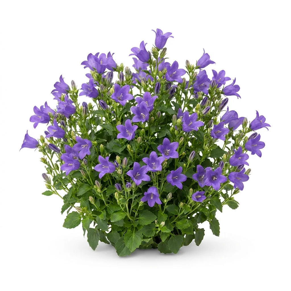 Semillas de Campanula (Farolito) - Planta florecida con colores vivos sobre fondo blanco puro para catálogo de semillas Cultivarte