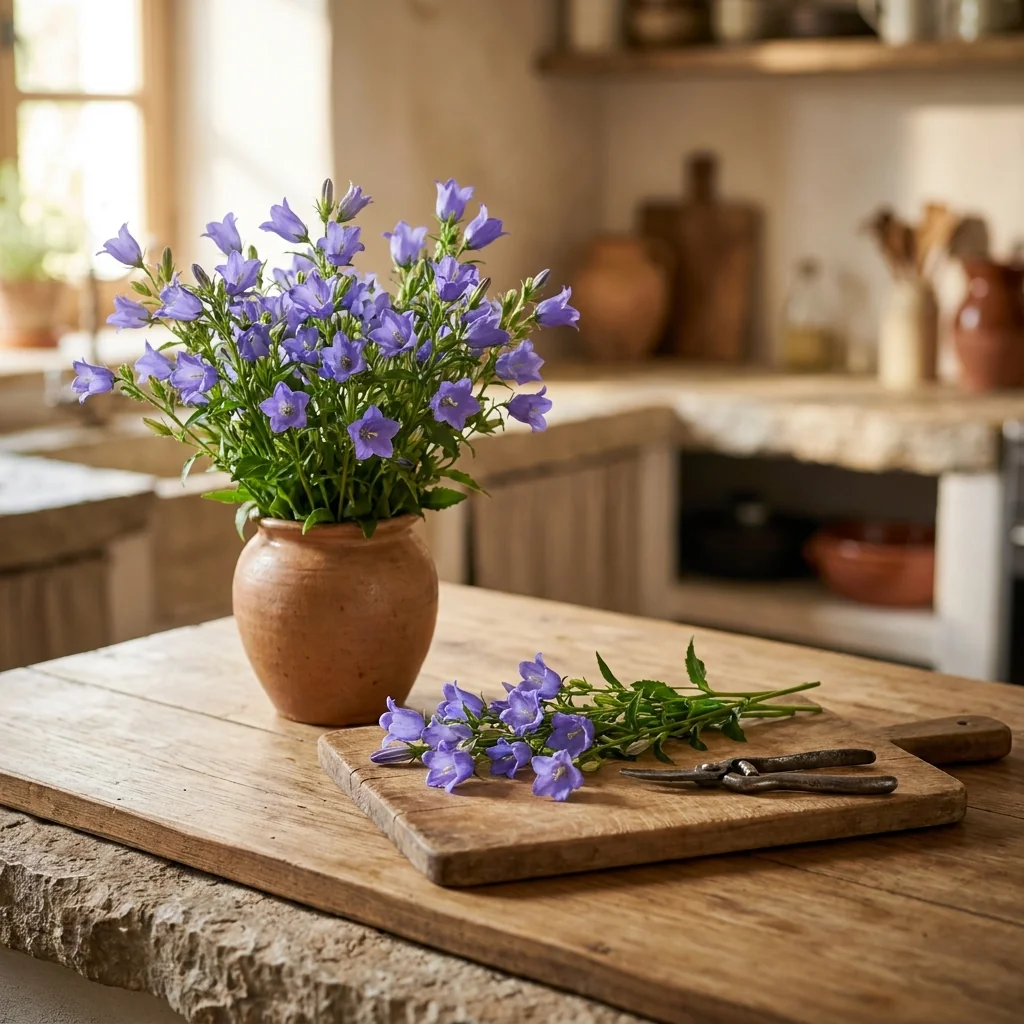 Arreglo decorativo con flores frescas de Campanula (Farolito) en florero artesanal sobre mesa de madera rústica