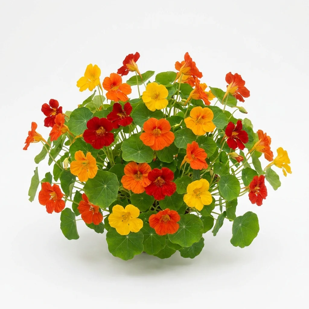 Semillas de Capuchina Doble Colores Variados - Planta florecida con colores vivos sobre fondo blanco puro para catálogo de semillas Cultivarte