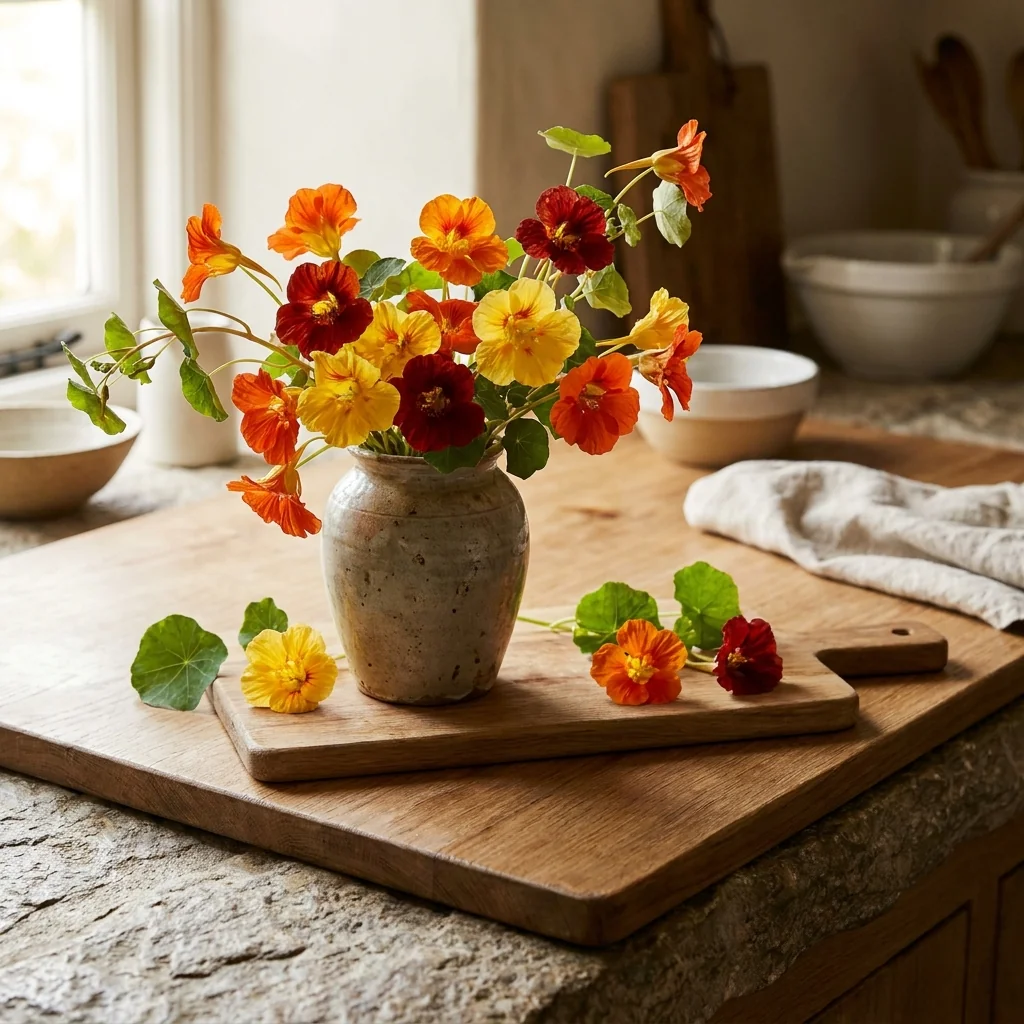 Arreglo decorativo con flores frescas de Capuchina Doble Colores Variados en florero artesanal sobre mesa de madera rústica