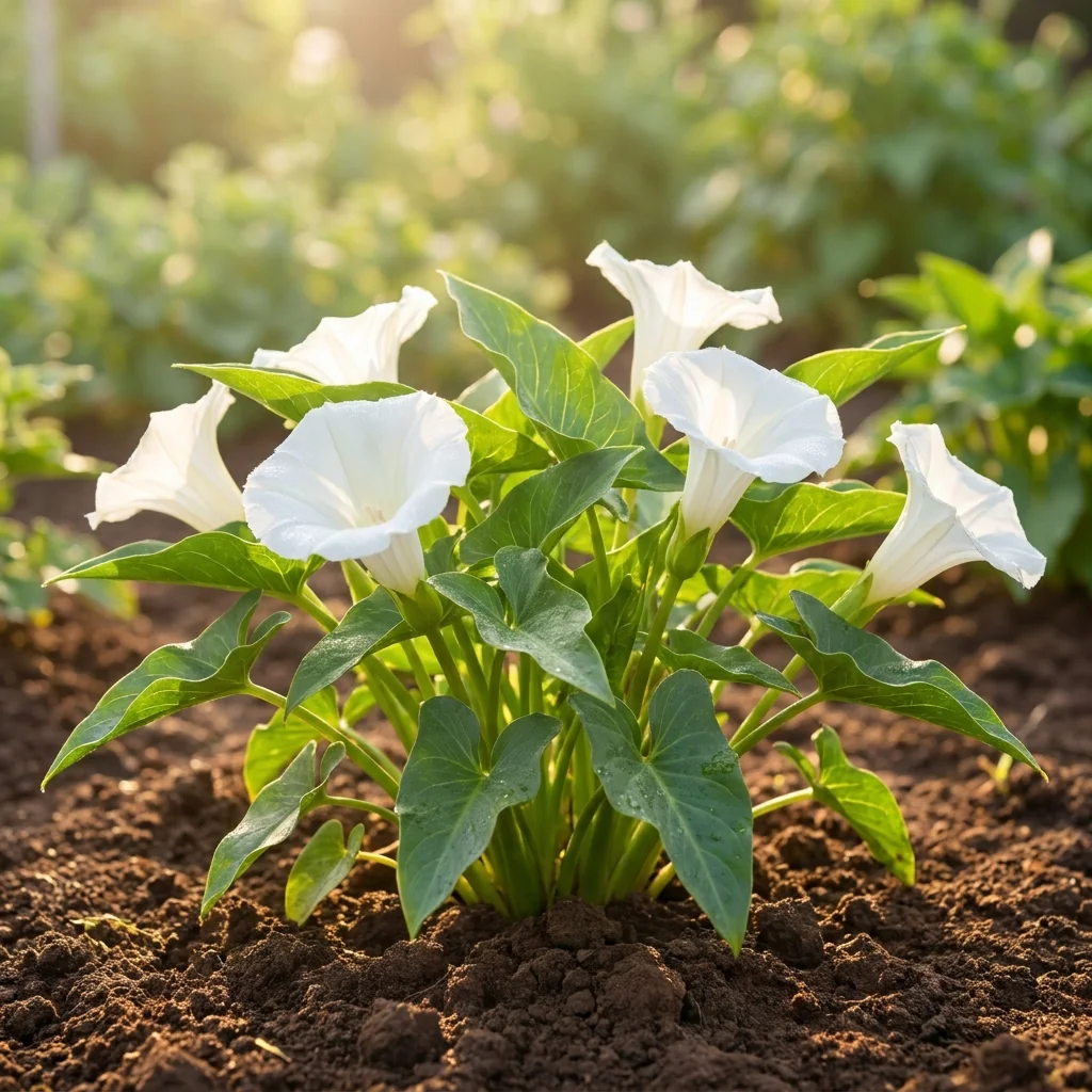Cultivo vivo de Cartucho Enano en huerto fértil con follaje verde saludable y flores blancas desarrollándose en tierra orgánica rica en nutrientes.