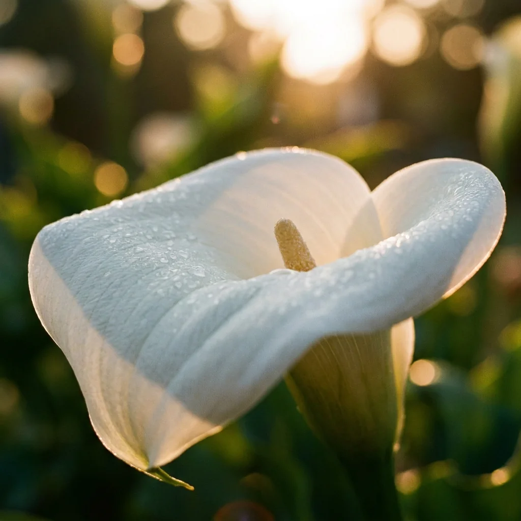 Primer plano macro de flores de Cartucho Enano bajo luz solar, destacando la textura aterciopelada del espádice y la pureza del color blanco de la espata.