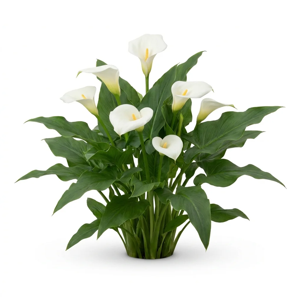 Planta de Cartucho Enano Zantedeschia aethiopica florecida sobre fondo blanco puro, catálogo Cultivarte. Flores blancas icónicas y follaje verde intenso.