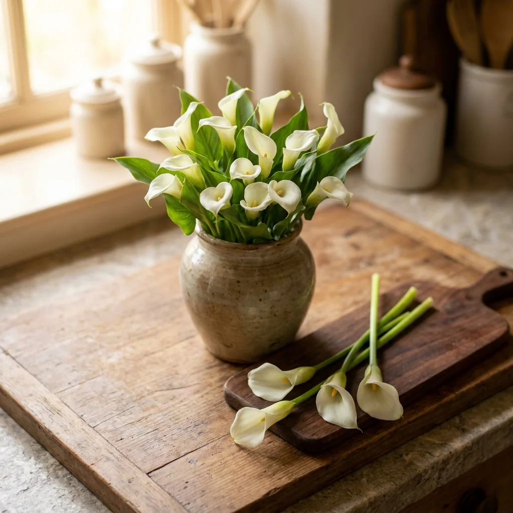 Cartucho Enano recién cosechado en un florero de cristal, decorando un ambiente hogareño con elegancia natural y frescura botánica de Cultivarte.