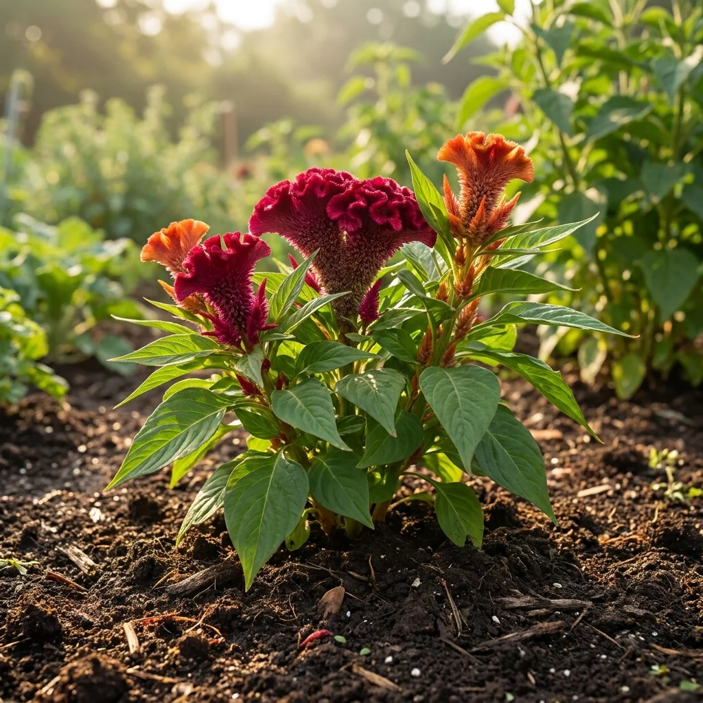 Cultivo de Celosia Cresta de Gallo floreciendo con vigor en huerto vivo con tierra fértil y hojas verdes saludables