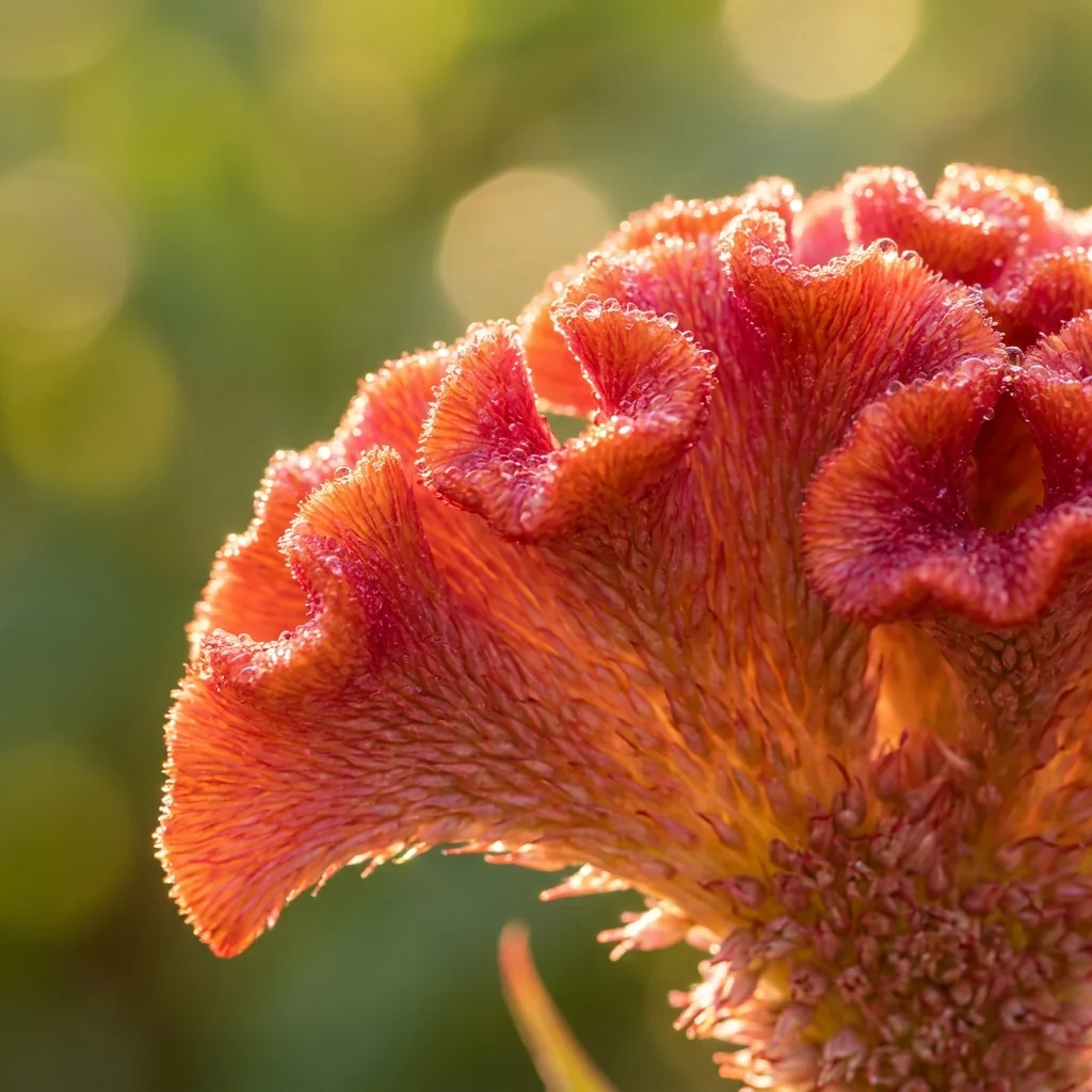 Primer plano macro de la flor de Celosia Cresta de Gallo mostrando textura de pétalos y color natural en jardín soleado