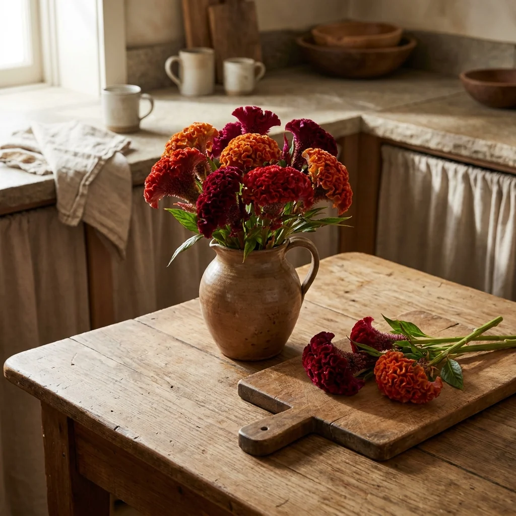 Arreglo decorativo con flores frescas de Celosia Cresta de Gallo en florero artesanal sobre mesa de madera rústica