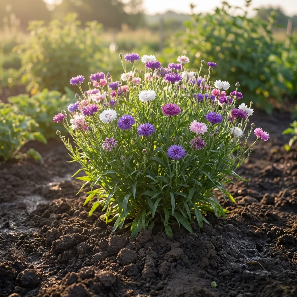 Cultivo de Centaurea Variada Doble floreciendo con vigor en huerto vivo con tierra fértil y hojas verdes saludables