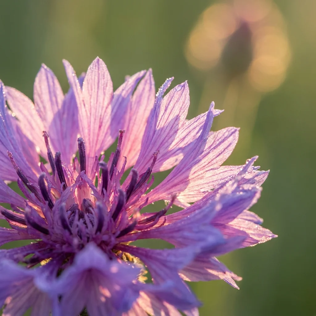 Primer plano macro de la flor de Centaurea Variada Doble mostrando textura de pétalos y color natural en jardín soleado