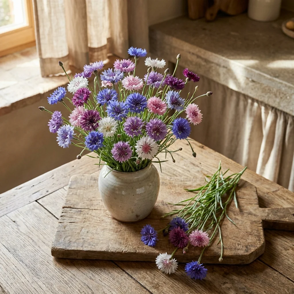 Arreglo decorativo con flores frescas de Centaurea Variada Doble en florero artesanal sobre mesa de madera rústica