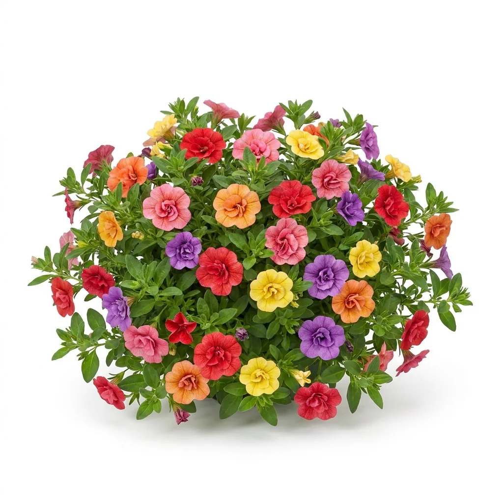 Semillas de Clarines Dobles Colores Variados - Planta florecida con colores vivos sobre fondo blanco puro para catálogo de semillas Cultivarte