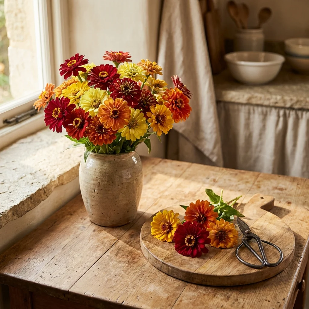 Arreglo decorativo con flores frescas de Clarines Dobles Colores Variados en florero artesanal sobre mesa de madera rústica