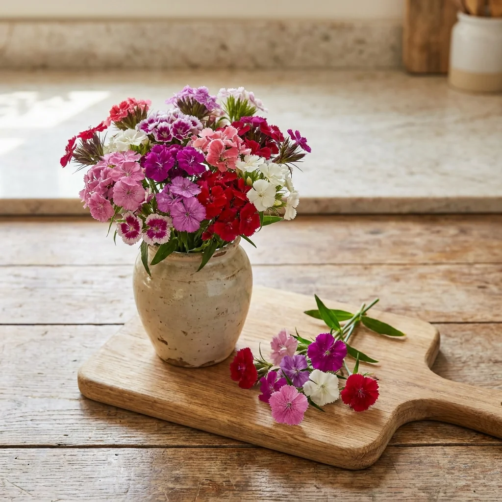 Cosecha fresca de flores cortadas de Clavelina Japonesa Dianthus chinensis en florero decorativo para el hogar, aportando color y frescura al espacio.
