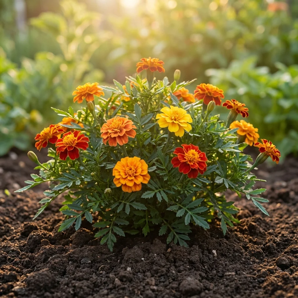 Cultivo vivo de clavelon enano doble variado Tagetes patula en huerto fertil chileno con follaje verde saludable y flores vibrantes para control natural de plagas.