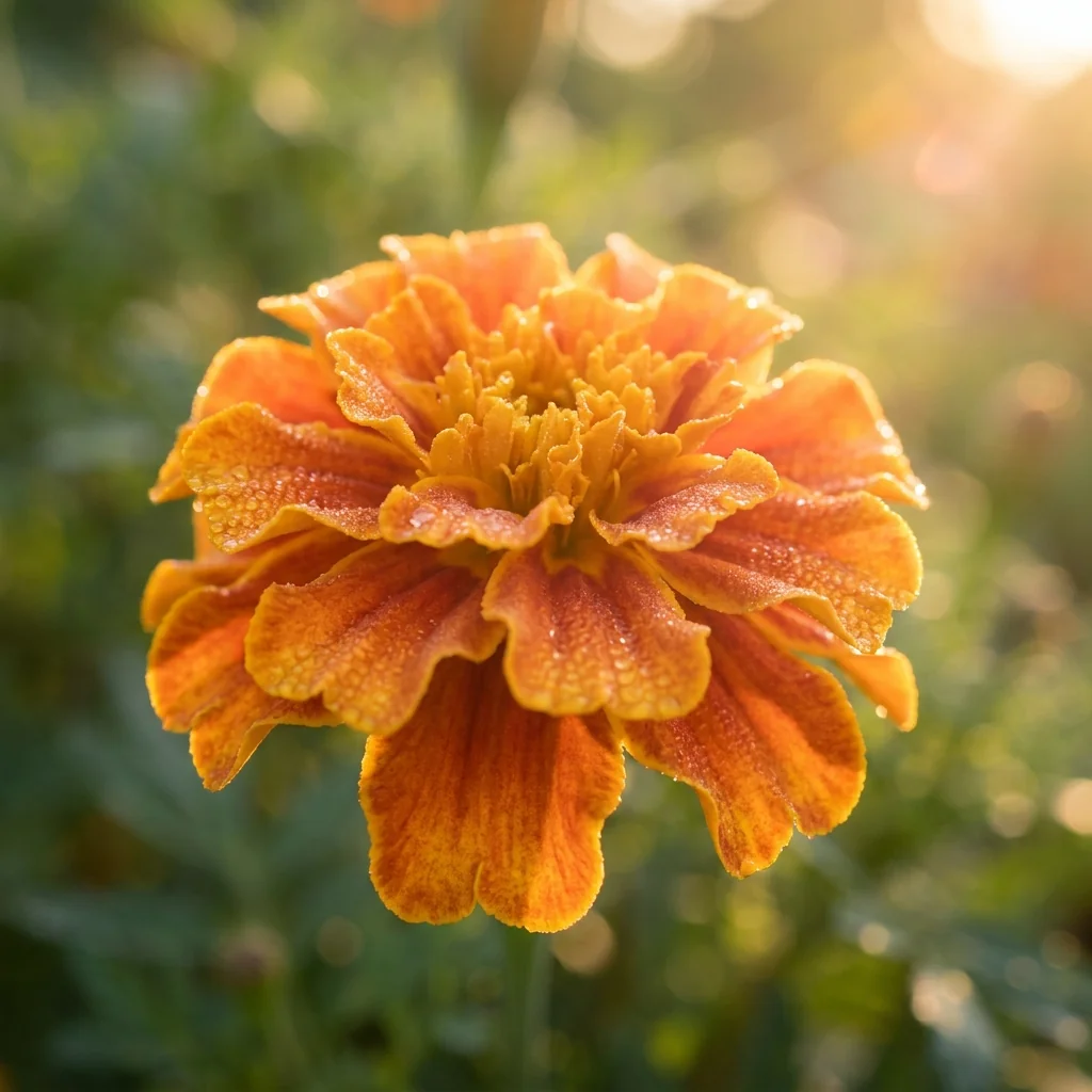 Primer plano macro de floracion doble de clavelon enano Tagetes patula con petalos texturizados en tonos calidos bajo luz solar directa para inspirar jardin en Chile.