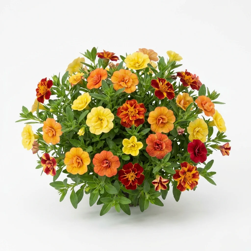 Planta completa de clavelon enano doble variado Tagetes patula florecida y desarrollada sobre fondo blanco puro para catalogo Cultivarte de semillas para huerto en Chile.