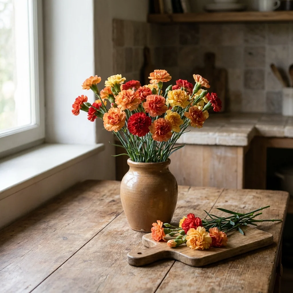 Cosecha fresca de flores de clavelon enano Tagetes patula decorando un florero rustico o espacio interior luminoso en un hogar chileno amante de la jardineria.