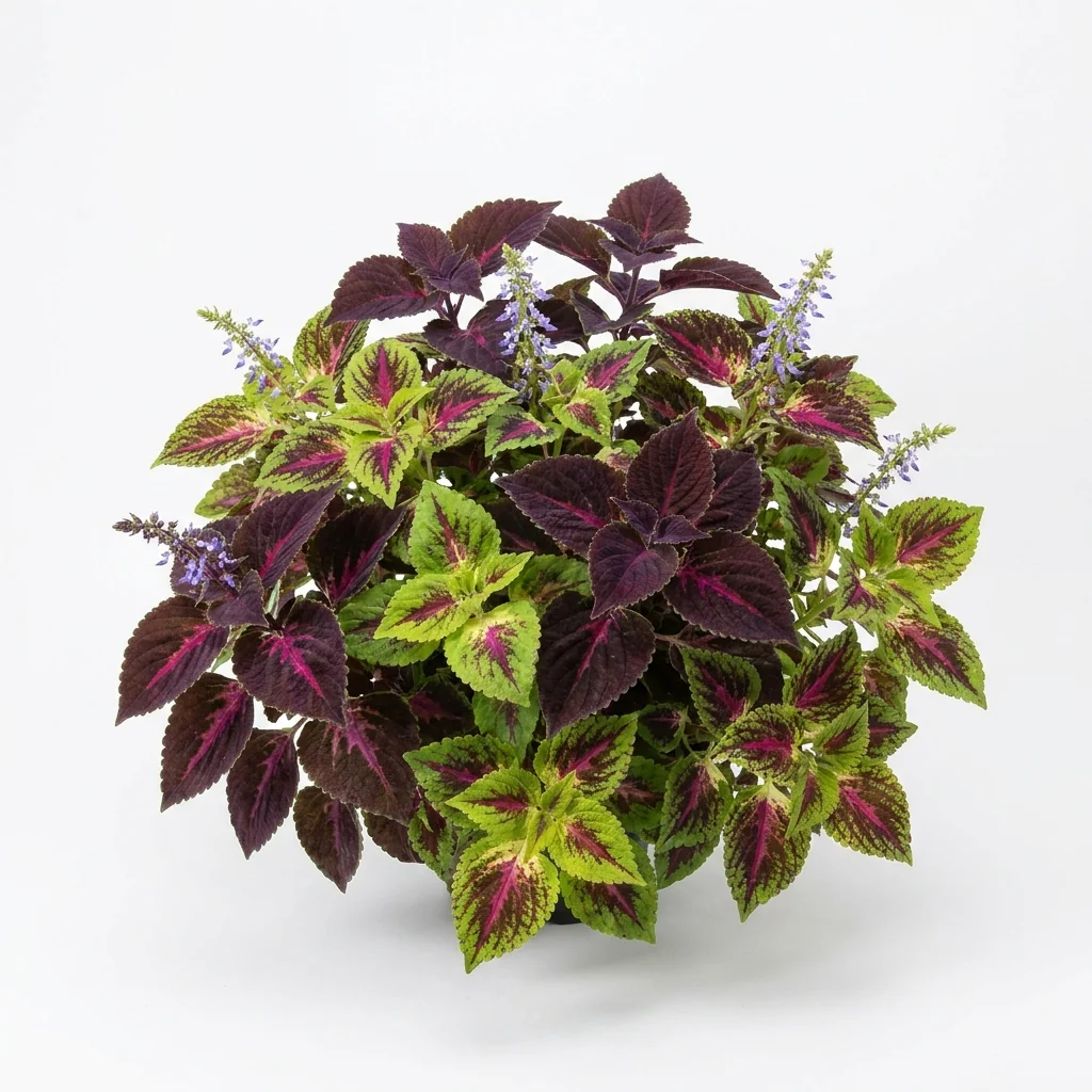 Planta completa de Coleus Colores Variados Plectranthus scutellarioides desarrollada sobre fondo blanco para catálogo Cultivarte Chile.