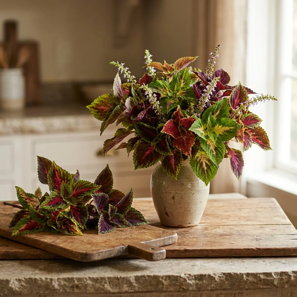 Uso ornamental de Coleus Colores Variados en arreglos florales y diseño de interiores para hogares en Chile.