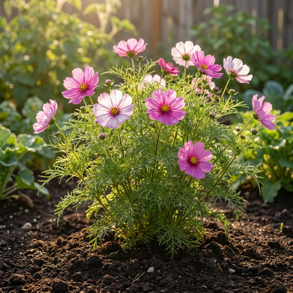 Cultivo vivo de Cosmos Sensacion Cosmos bipinnatus en huerto fértil con follaje verde saludable y flores en desarrollo.