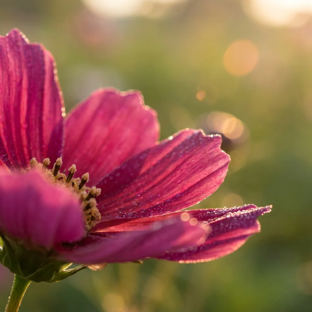 Primer plano macro de flores de Cosmos Sensacion Cosmos bipinnatus al sol mostrando pétalos vibrantes y texturas realistas.