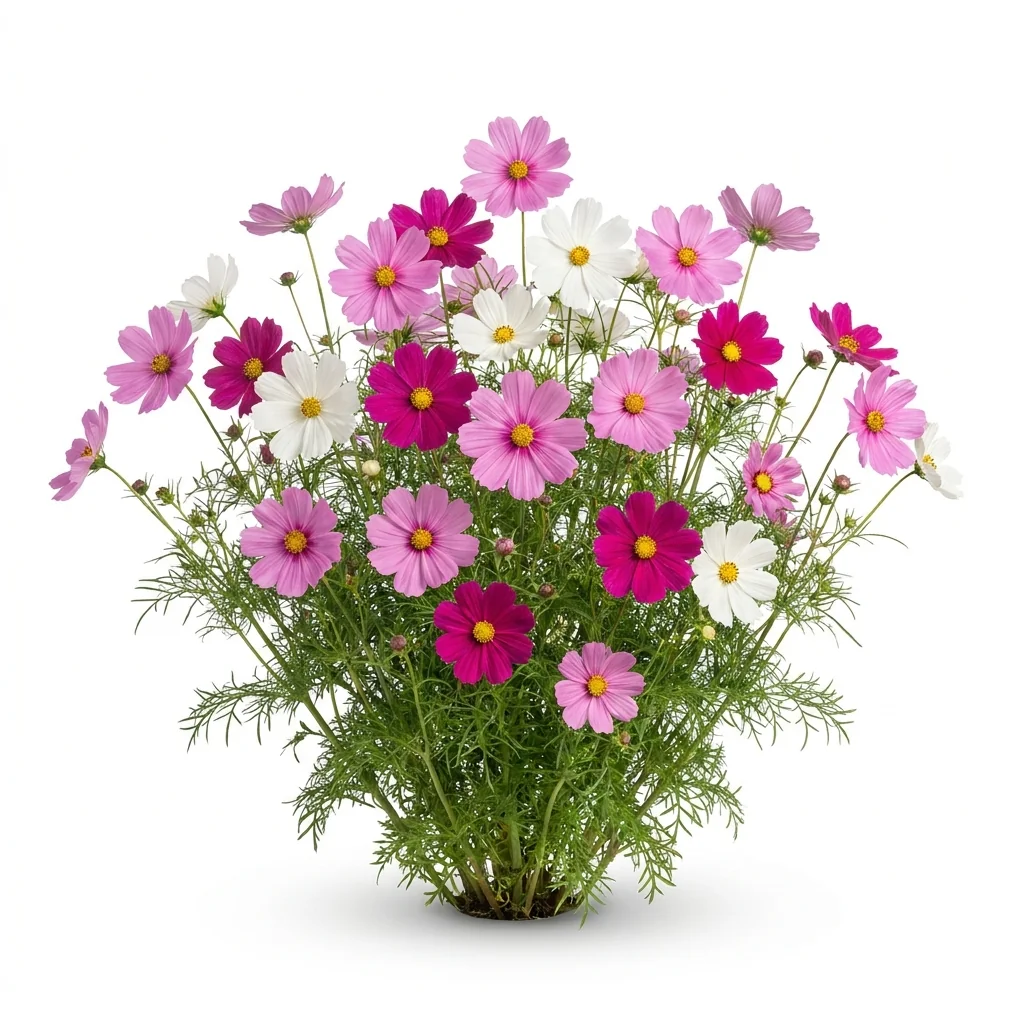 Planta completa florecida de Cosmos Sensacion Cosmos bipinnatus sobre fondo blanco puro para catálogo Cultivarte en Chile.