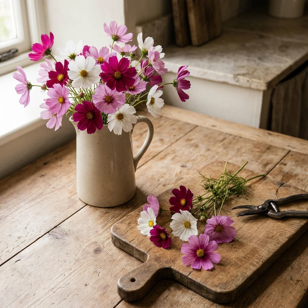 Ramo de flores cortadas de Cosmos Sensacion Cosmos bipinnatus en florero decorativo para el hogar con luz natural.