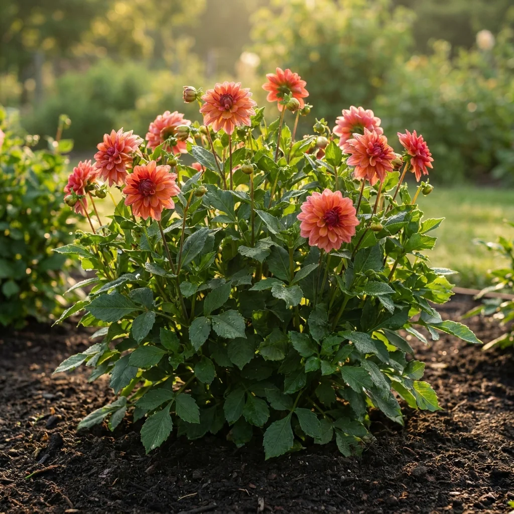 Cultivo vivo de Dalia Cactus (Dahlia pinnata) en huerto casero chileno con follaje verde saludable y botones florales en desarrollo sobre suelo fértil.