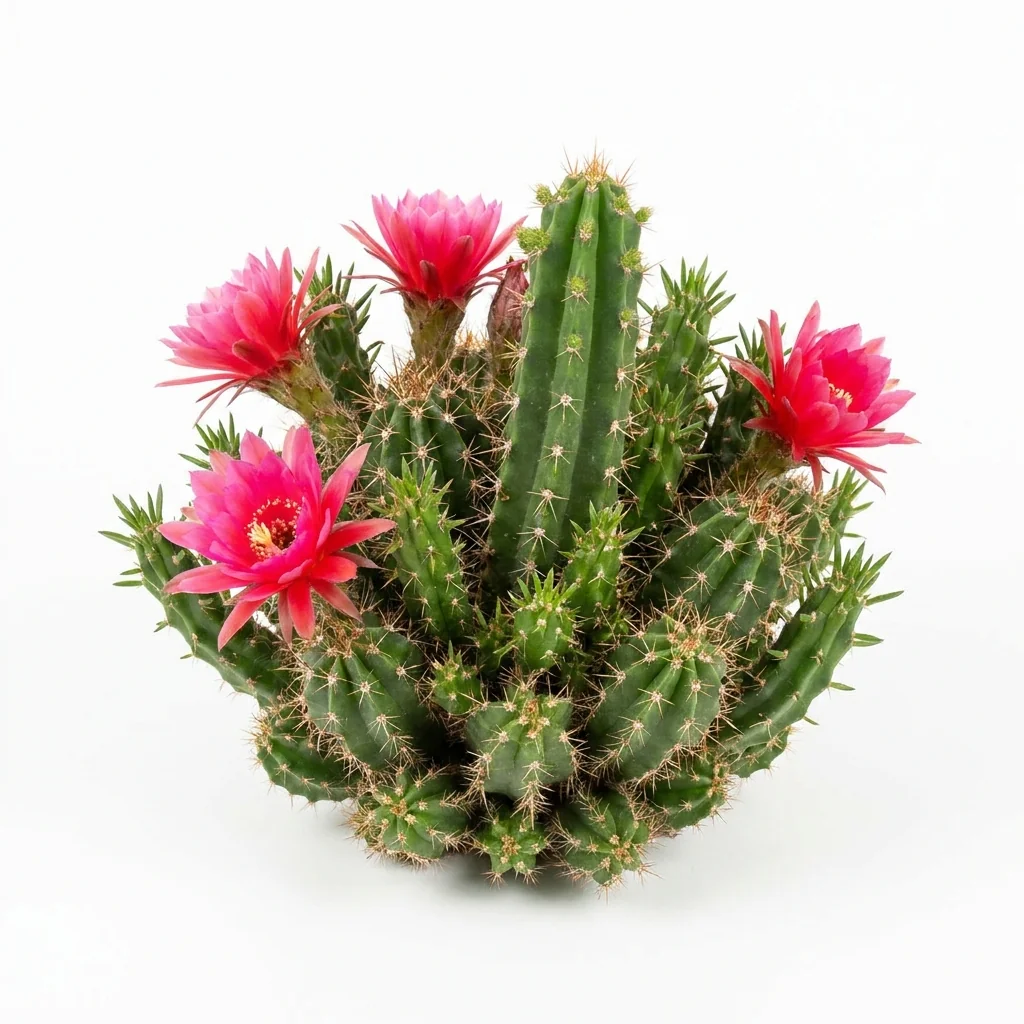 Planta completa de Dalia Cactus (Dahlia pinnata) florecida con pétalos recurvados sobre fondo blanco puro para catálogo Cultivarte. Flores vibrantes.