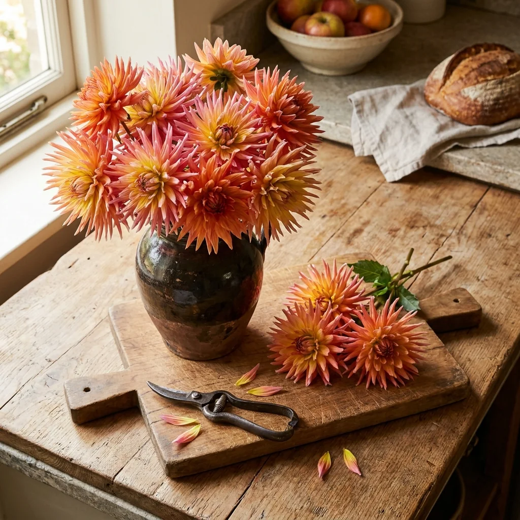 Cosecha fresca de flores cortadas de Dalia Cactus (Dahlia pinnata) dispuestas en florero decorativo para el hogar aportando elegancia y color.