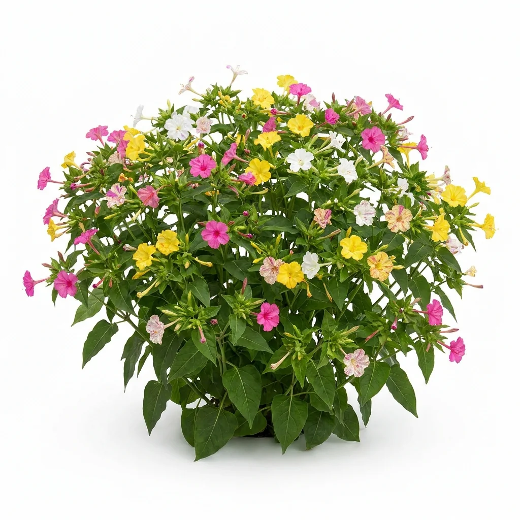 Planta completa de Diego de la Noche Colores Variados Mirabilis jalapa florecida sobre fondo blanco para catálogo Cultivarte Chile.
